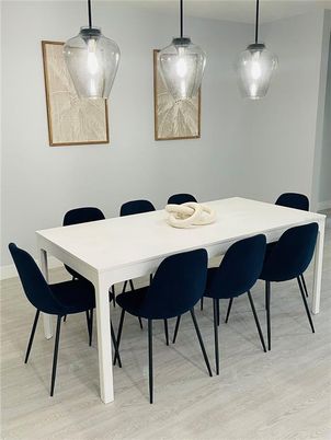 Dining room, Interior, Pendant Lights, Wood Texture Flooring