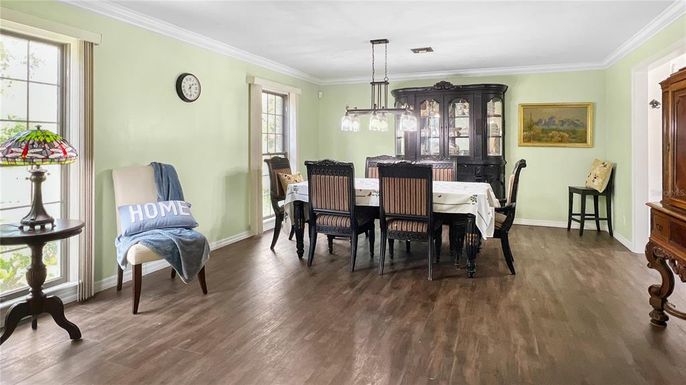 Dining room, Interior, Pendant Lights, Wood Texture Flooring