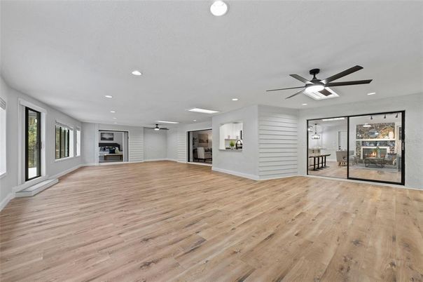 Empty room, Fireplace, Interior, Recessed Lighting, Wood Texture Flooring