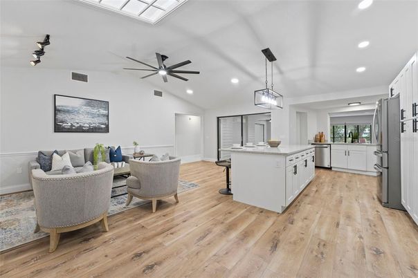Interior, Kitchen, Living room, Pendant Lights, Recessed Lighting, Wood Texture Flooring