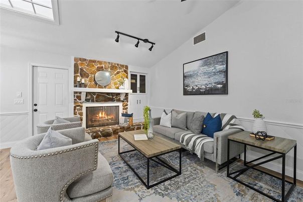 Fireplace, Interior, Living room, Stone Walls, Wood Texture Flooring
