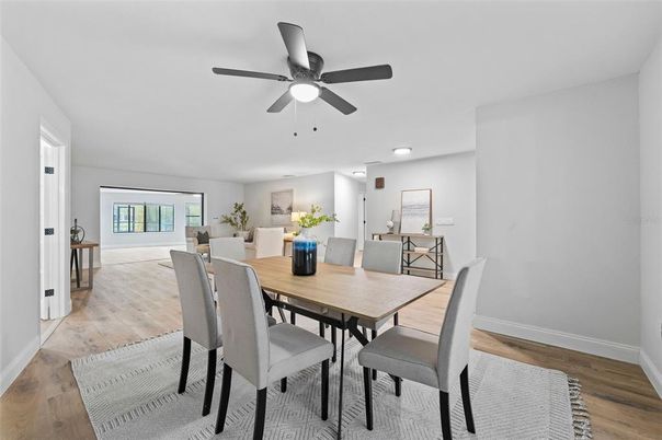 Dining room, Interior, Recessed Lighting, Wood Texture Flooring