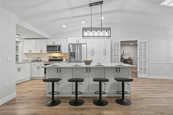 Interior, Kitchen, Pendant Lights, Recessed Lighting, Stainless Steel Appliances, Wood Texture Flooring