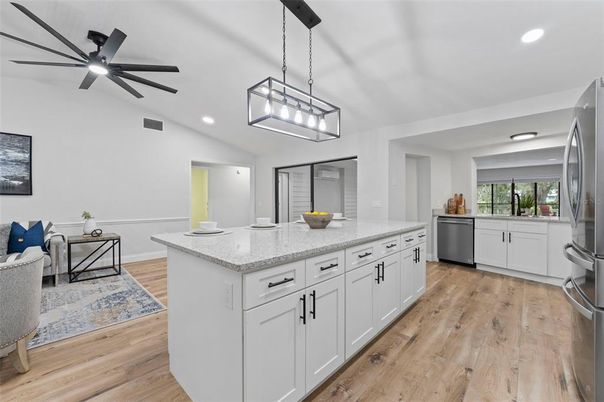 Interior, Kitchen, Pendant Lights, Recessed Lighting, Stainless Steel Appliances, Wood Texture Flooring
