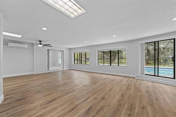 Empty room, Interior, Recessed Lighting, Wood Texture Flooring