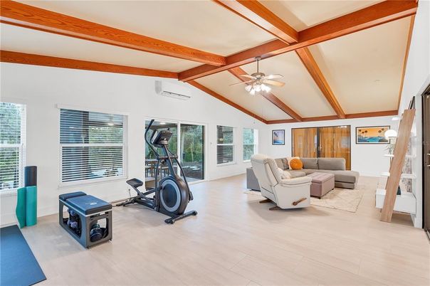 Fitness Equipment, Interior, Living room, Wooden Beams, Wood Texture Flooring
