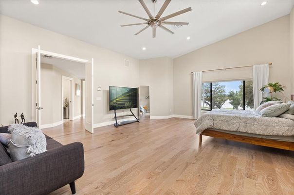 Bedroom, Interior, Recessed Lighting, Wood Texture Flooring