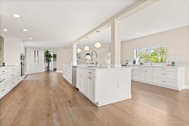 Interior, Kitchen, Pendant Lights, Recessed Lighting, Wood Texture Flooring