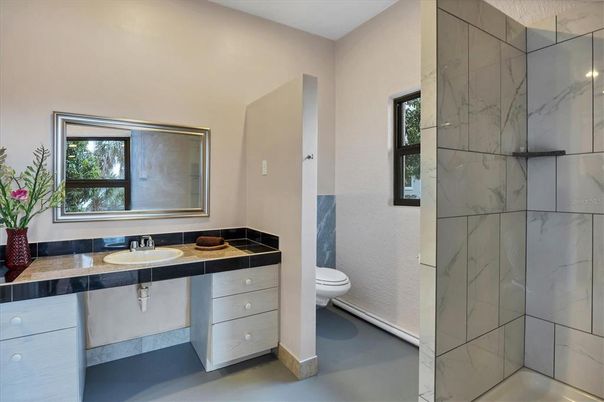 Bathroom, Interior, Marble Walls, Tile Countertops