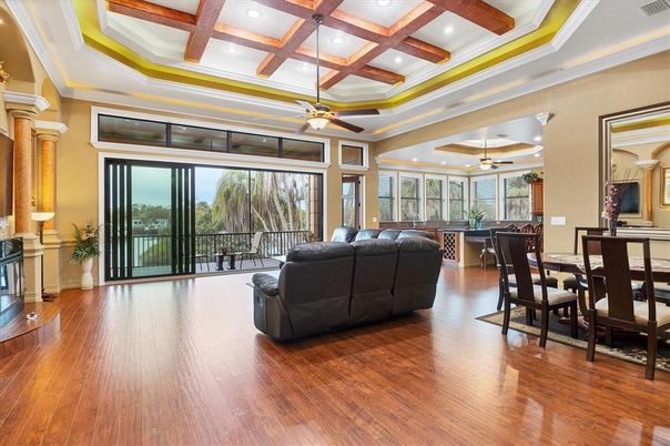 Dining room, Fireplace, Interior, Living room, Recessed Lighting, Wooden Beams, Wood Texture Flooring