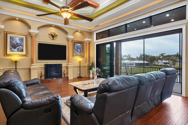 Fireplace, Interior, Living room, Recessed Lighting, Wood Texture Flooring