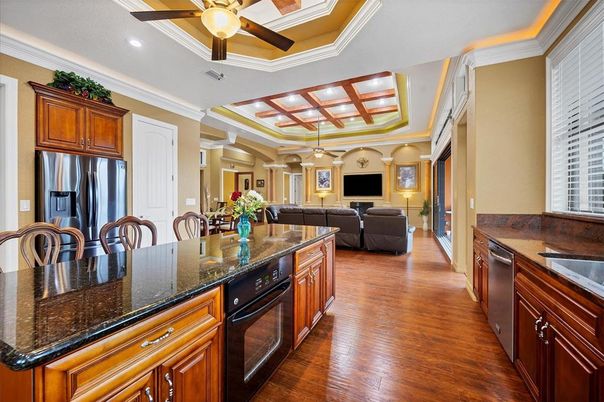 Interior, Kitchen, Living room, Recessed Lighting, Stainless Steel Appliances, Wood Texture Flooring