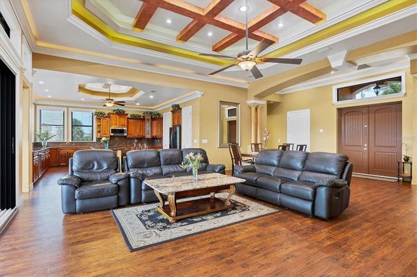 Interior, Kitchen, Living room, Recessed Lighting, Stainless Steel Appliances, Wood Texture Flooring