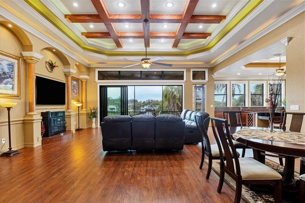 Dining room, Interior, Living room, Recessed Lighting, Wooden Beams, Wood Texture Flooring