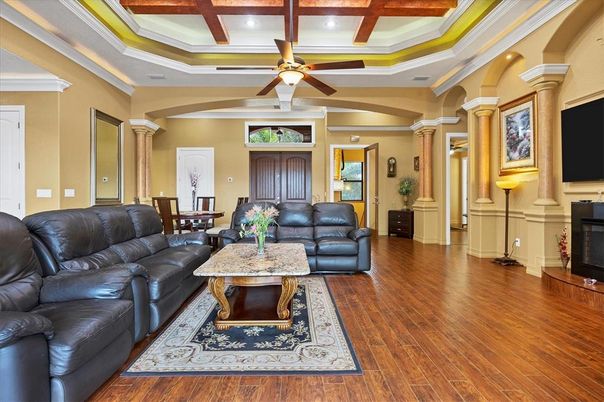 Dining room, Interior, Living room, Recessed Lighting, Wood Texture Flooring