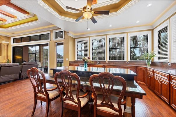 Dining room, Interior, Living room, Recessed Lighting, Wood Texture Flooring