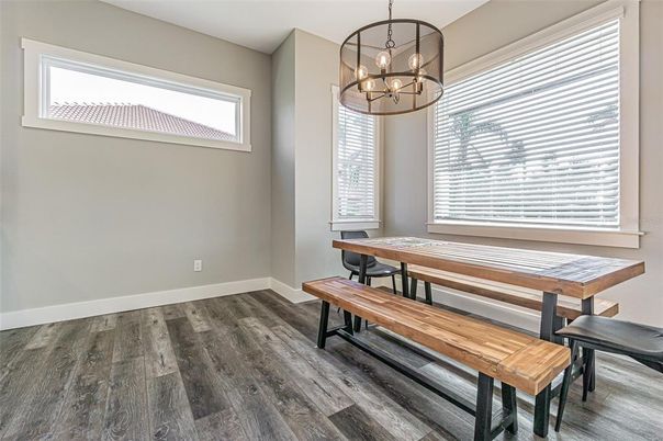 Dining room, Interior, Pendant Lights, Wood Texture Flooring