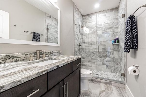 Bathroom, Glass Shower, Interior, Marble, Marble Walls, Recessed Lighting