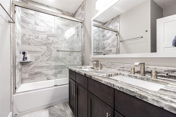 Bathroom, Dual Sink Vanities, Glass Shower, Interior, Marble Walls
