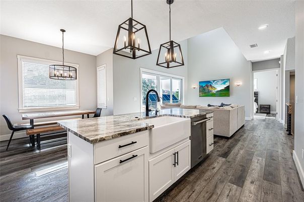 Dining room, Interior, Kitchen, Living room, Pendant Lights, Recessed Lighting, Wood Texture Flooring