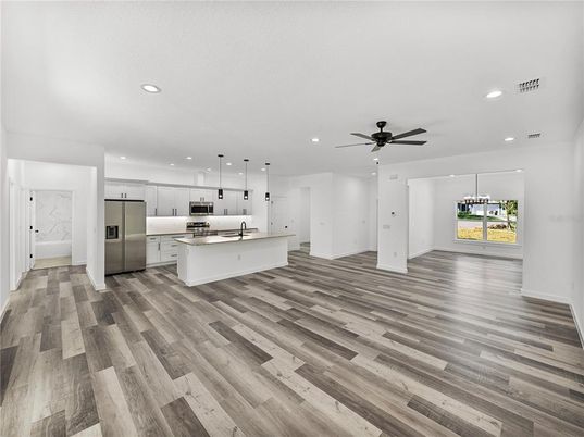 Interior, Kitchen, Pendant Lights, Recessed Lighting, Stainless Steel Appliances, Wood Texture Flooring