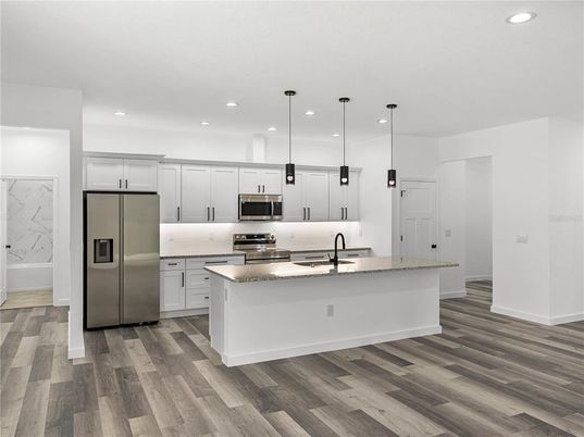 Interior, Kitchen, Pendant Lights, Recessed Lighting, Stainless Steel Appliances, Wood Texture Flooring