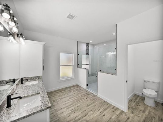 Bathroom, Glass Shower, Interior, Recessed Lighting, Wood Texture Flooring