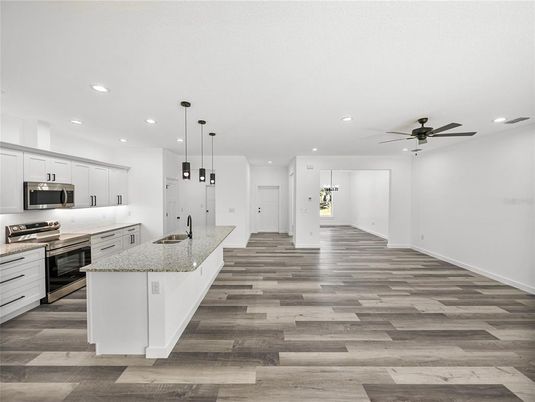 Interior, Kitchen, Pendant Lights, Recessed Lighting, Stainless Steel Appliances, Wood Texture Flooring