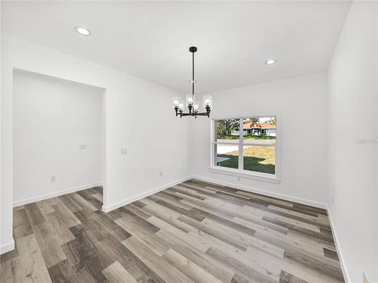 Chandelier, Empty room, Interior, Pendant Lights, Recessed Lighting, Wood Texture Flooring
