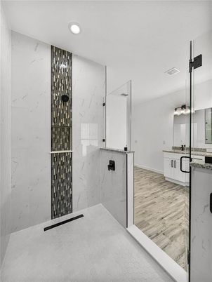 Bathroom, Interior, Marble Walls, Recessed Lighting, Wood Texture Flooring