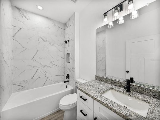 Bathroom, Interior, Marble Walls, Recessed Lighting, Wood Texture Flooring