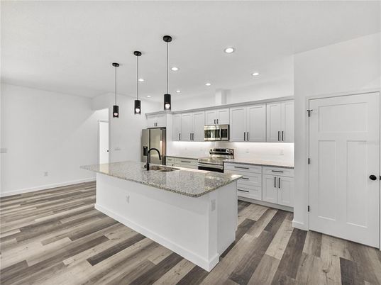 Interior, Kitchen, Pendant Lights, Recessed Lighting, Stainless Steel Appliances, Wood Texture Flooring