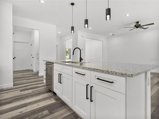 Interior, Kitchen, Pendant Lights, Recessed Lighting, Wood Texture Flooring