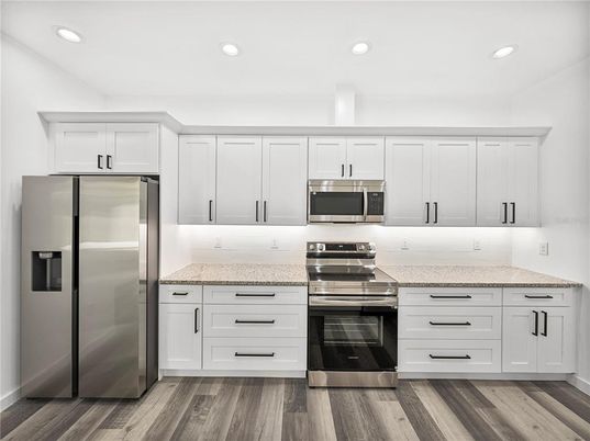 Interior, Kitchen, Recessed Lighting, Stainless Steel Appliances, Wood Texture Flooring