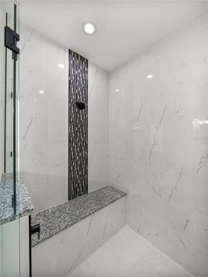 Bathroom, Glass Shower, Interior, Marble Walls, Recessed Lighting