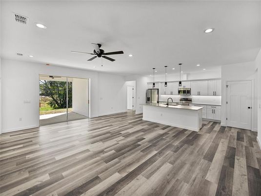 Empty room, Interior, Kitchen, Pendant Lights, Recessed Lighting, Wood Texture Flooring