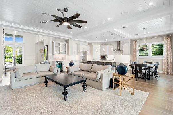 Dining room, Interior, Kitchen, Living room, Pendant Lights, Recessed Lighting, Stainless Steel Appliances, Wood Texture Flooring