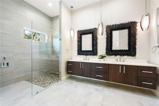 Bathroom, Dual Sink Vanities, Glass Shower, Interior, Pendant Lights, Recessed Lighting