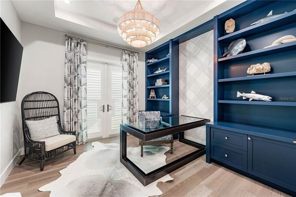 Chandelier, Home Office, Interior, Pendant Lights, Recessed Lighting, Wood Texture Flooring