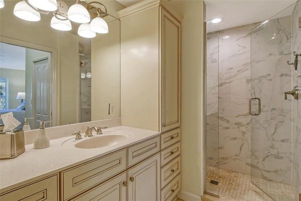 Bathroom, Glass Shower, Interior, Marble Walls, Recessed Lighting