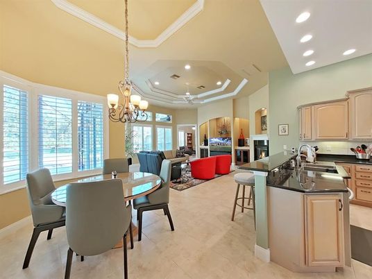 Chandelier, Dining room, Fireplace, Interior, Kitchen, Living room, Recessed Lighting