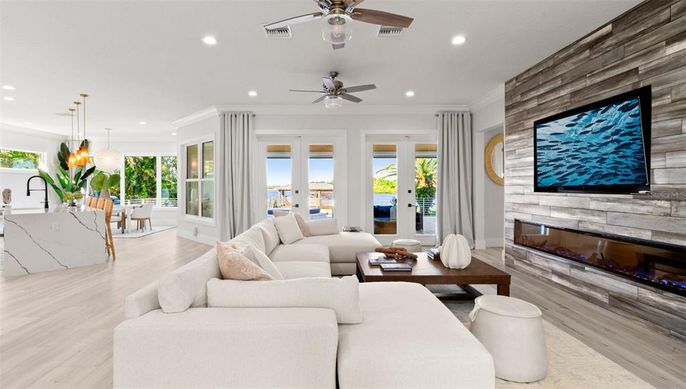 Dining room, Fireplace, Interior, Kitchen, Living room, Pendant Lights, Recessed Lighting, Wood Texture Flooring
