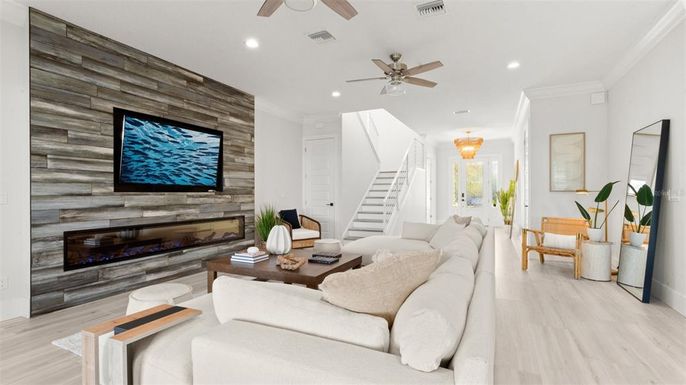 Fireplace, Interior, Living room, Recessed Lighting, Wood Texture Flooring, Wooden Walls