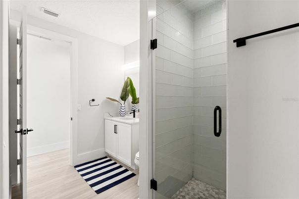 Bathroom, Glass Shower, Interior, Wood Texture Flooring