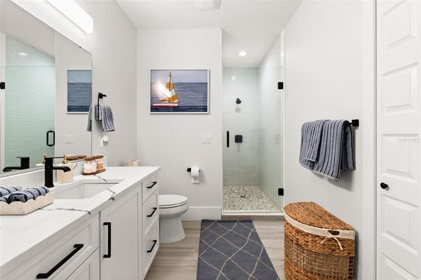 Bathroom, Glass Shower, Interior, Recessed Lighting, Wood Texture Flooring