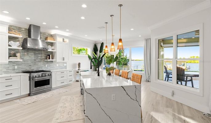 Interior, Kitchen, Pendant Lights, Recessed Lighting, Stainless Steel Appliances, Water, Wood Texture Flooring