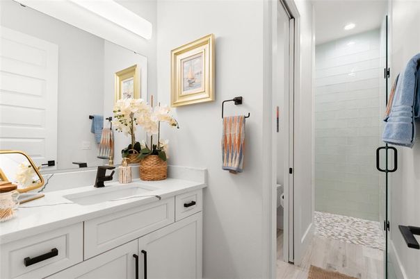 Bathroom, Glass Shower, Interior, Recessed Lighting, Wood Texture Flooring