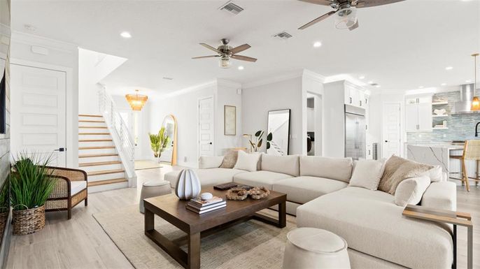 Interior, Kitchen, Living room, Pendant Lights, Recessed Lighting, Stainless Steel Appliances, Wood Texture Flooring