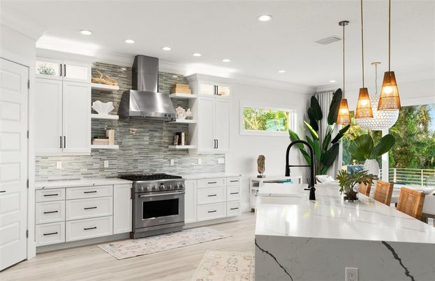 Interior, Kitchen, Pendant Lights, Recessed Lighting, Stainless Steel Appliances, Wood Texture Flooring