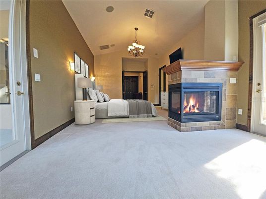 Bedroom, Chandelier, Fireplace, Interior